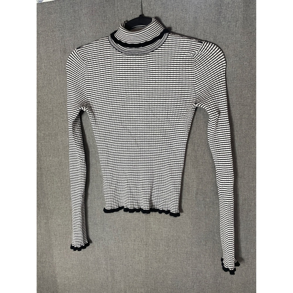 Forever 21 Striped Ribbed Turtleneck Lettuce Edge Long Sleeve Top Black White M